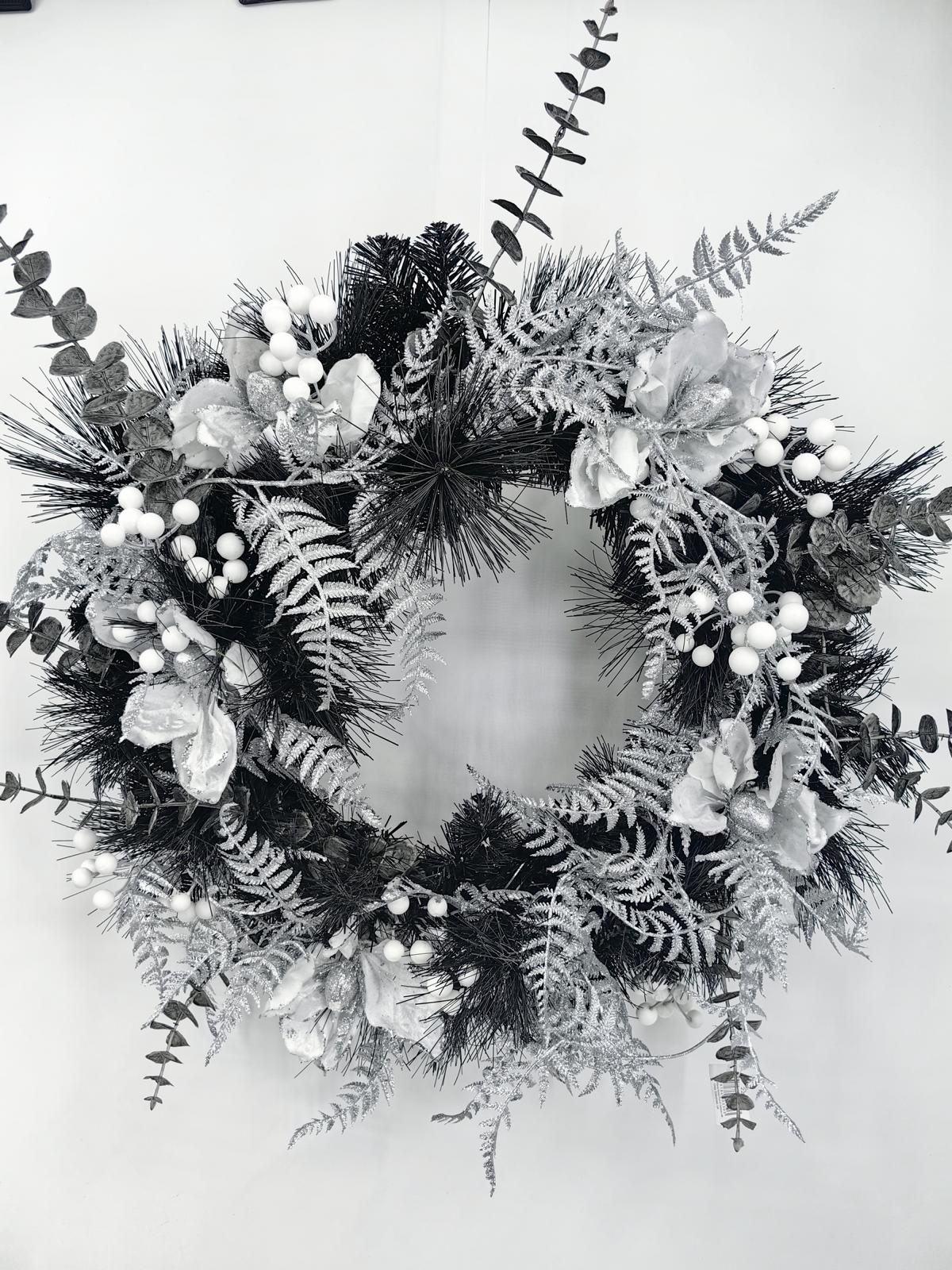 24" black mixed pine wreath with silver fern and mognolia & berries 24" black mixed pine wreath with silver fern and mognolia & berries