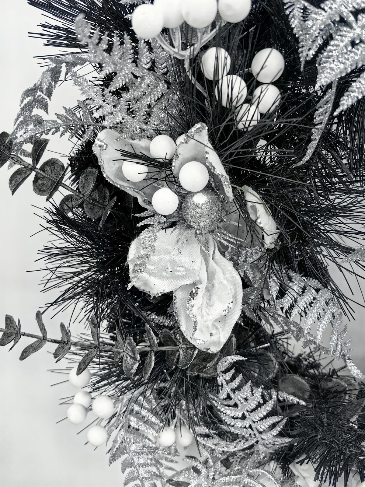 24" black mixed pine wreath with silver fern and mognolia & berries 24" black mixed pine wreath with silver fern and mognolia & berries