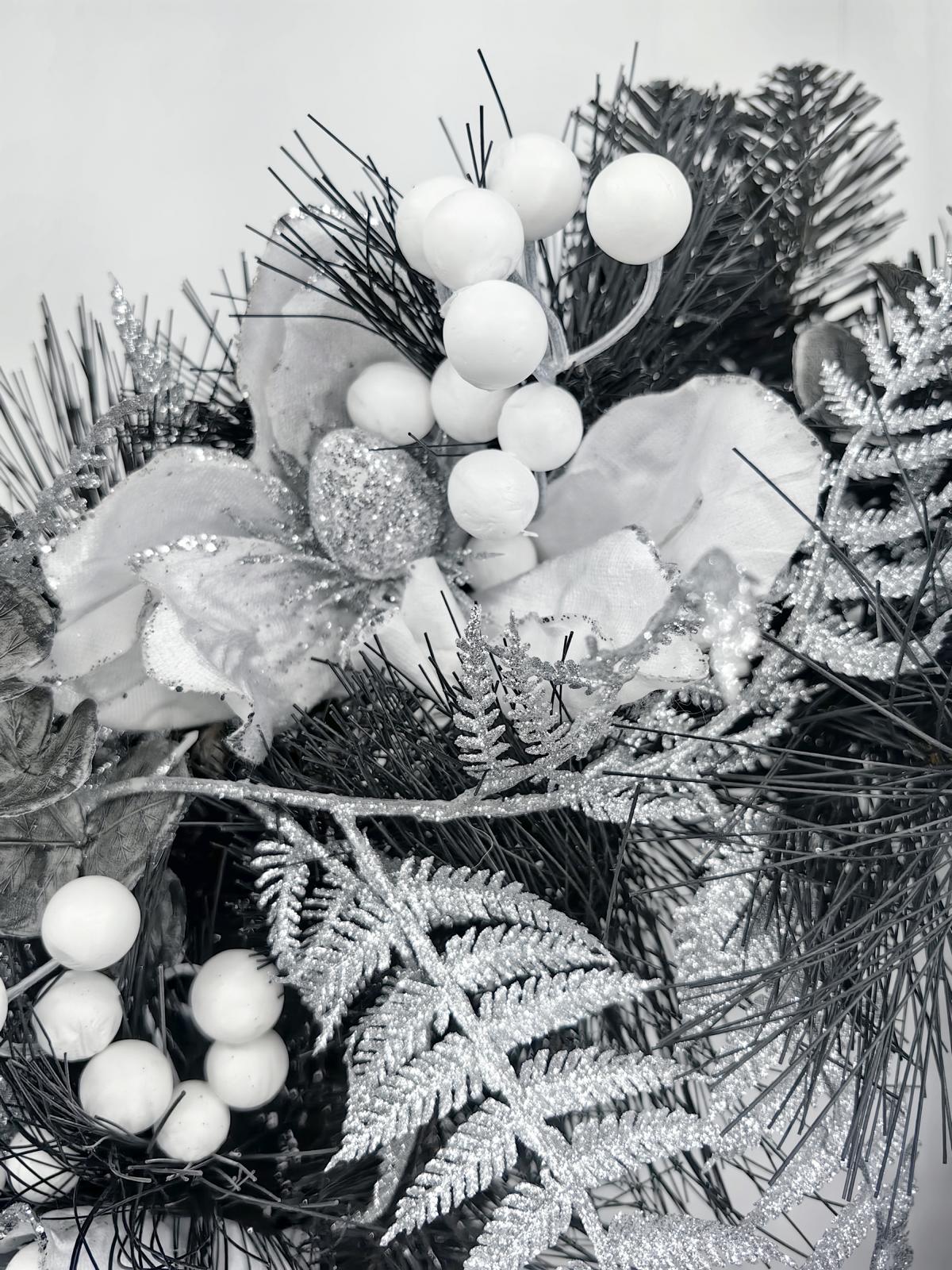 24" black mixed pine wreath with silver fern and mognolia & berries 24" black mixed pine wreath with silver fern and mognolia & berries