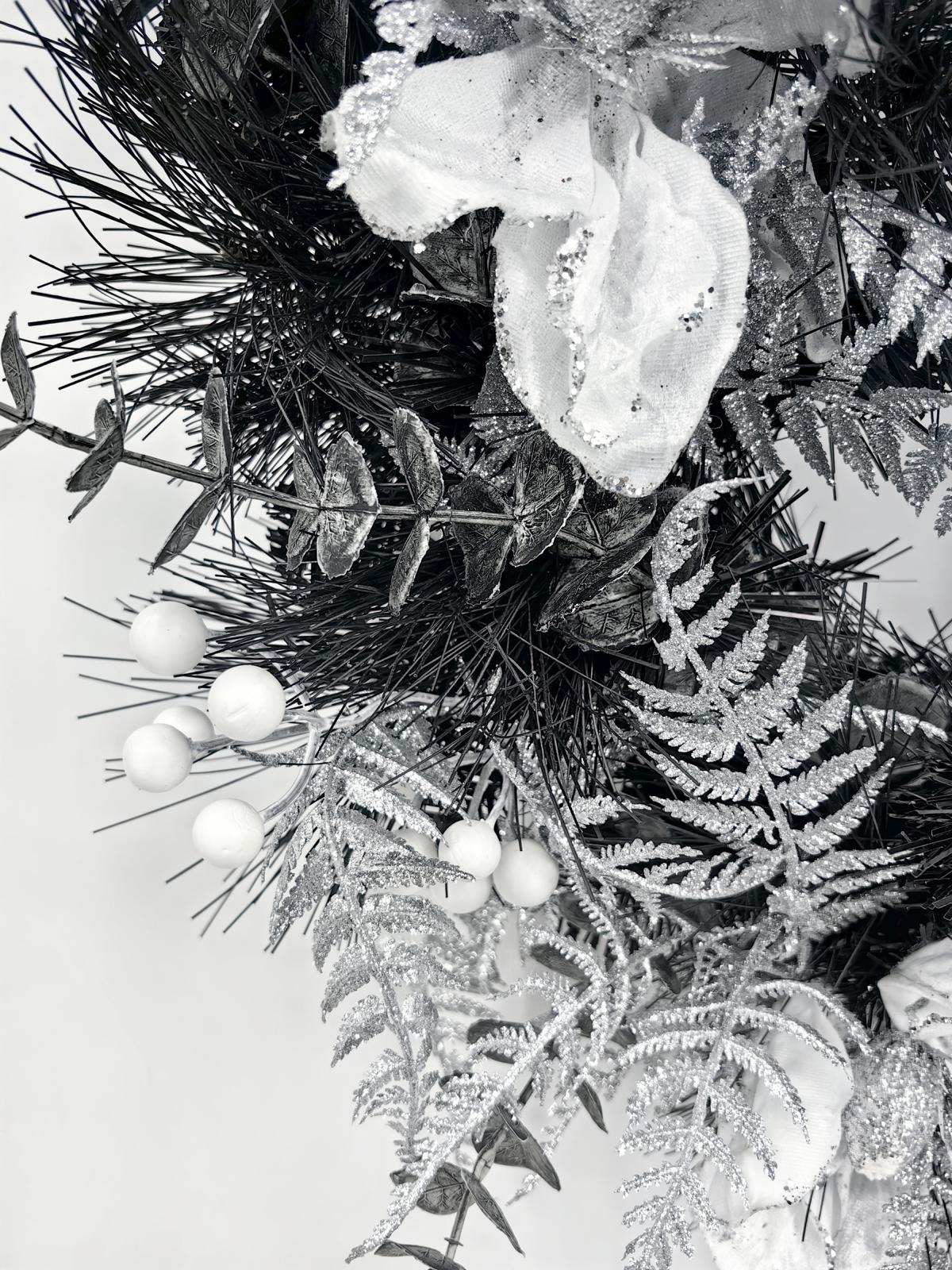 24" black mixed pine wreath with silver fern and mognolia & berries 24" black mixed pine wreath with silver fern and mognolia & berries