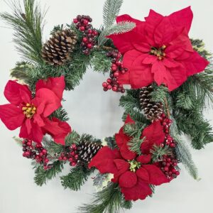 24" green wreath with poinsettias & pinecones