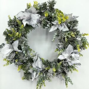 24" snowy wreath with silver poinsettia & eucalyptus