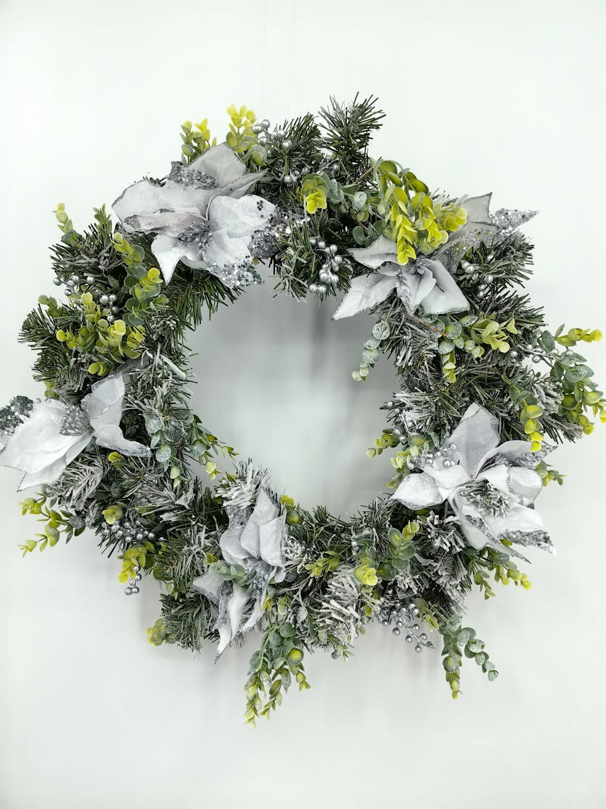 24" snowy wreath with silver poinsettia & eucalyptus 24" snowy wreath with silver poinsettia & eucalyptus