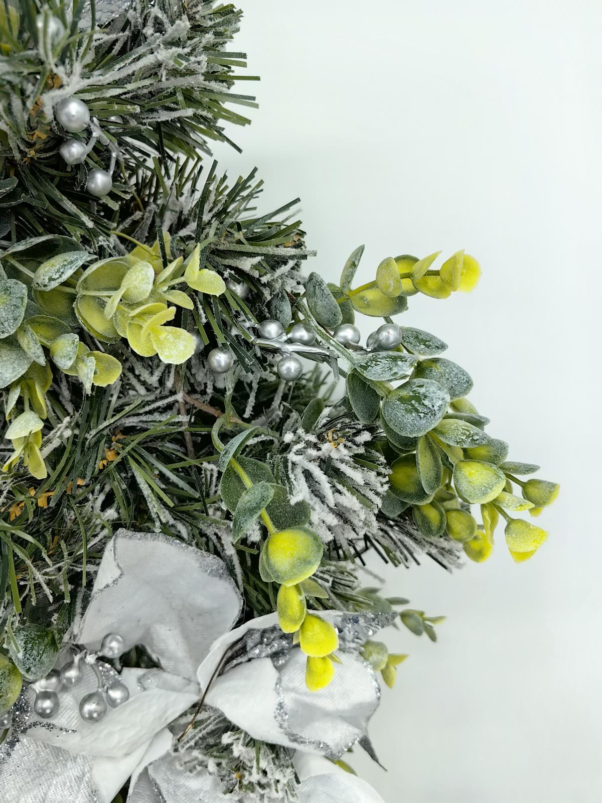 24" snowy wreath with silver poinsettia & eucalyptus 24" snowy wreath with silver poinsettia & eucalyptus