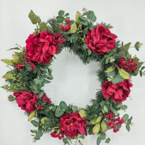 24" green pine wreath with red peony and berries