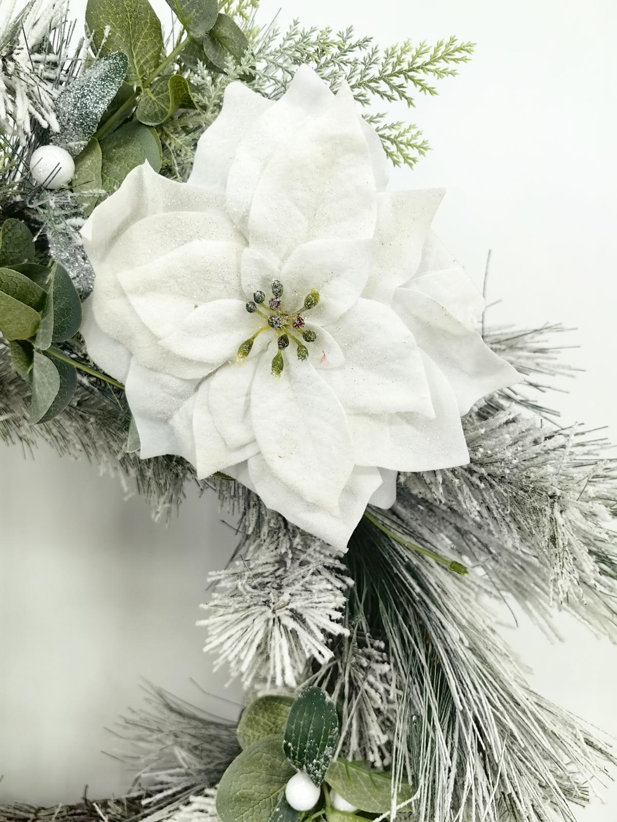 24" long snow needle pine wreath with poisettia flowers 24" long snow needle pine wreath with poisettia flowers