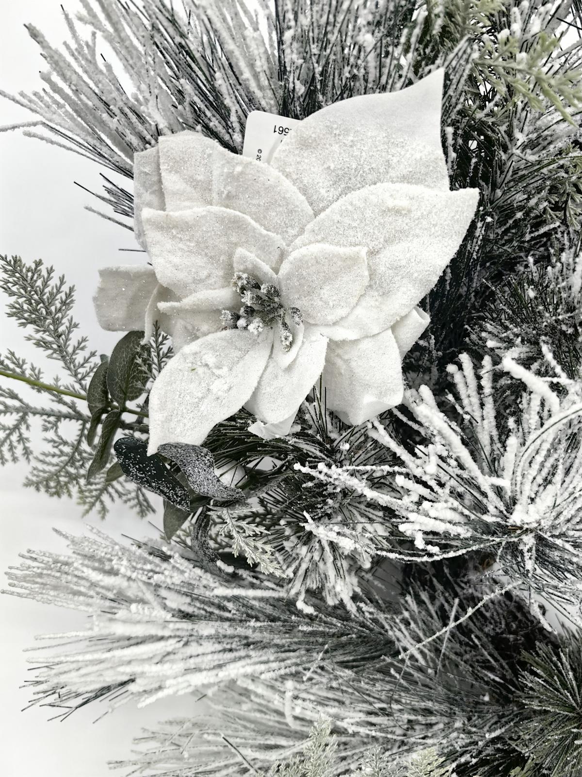 24" long snow needle pine wreath with poisettia flowers 24" long snow needle pine wreath with poisettia flowers