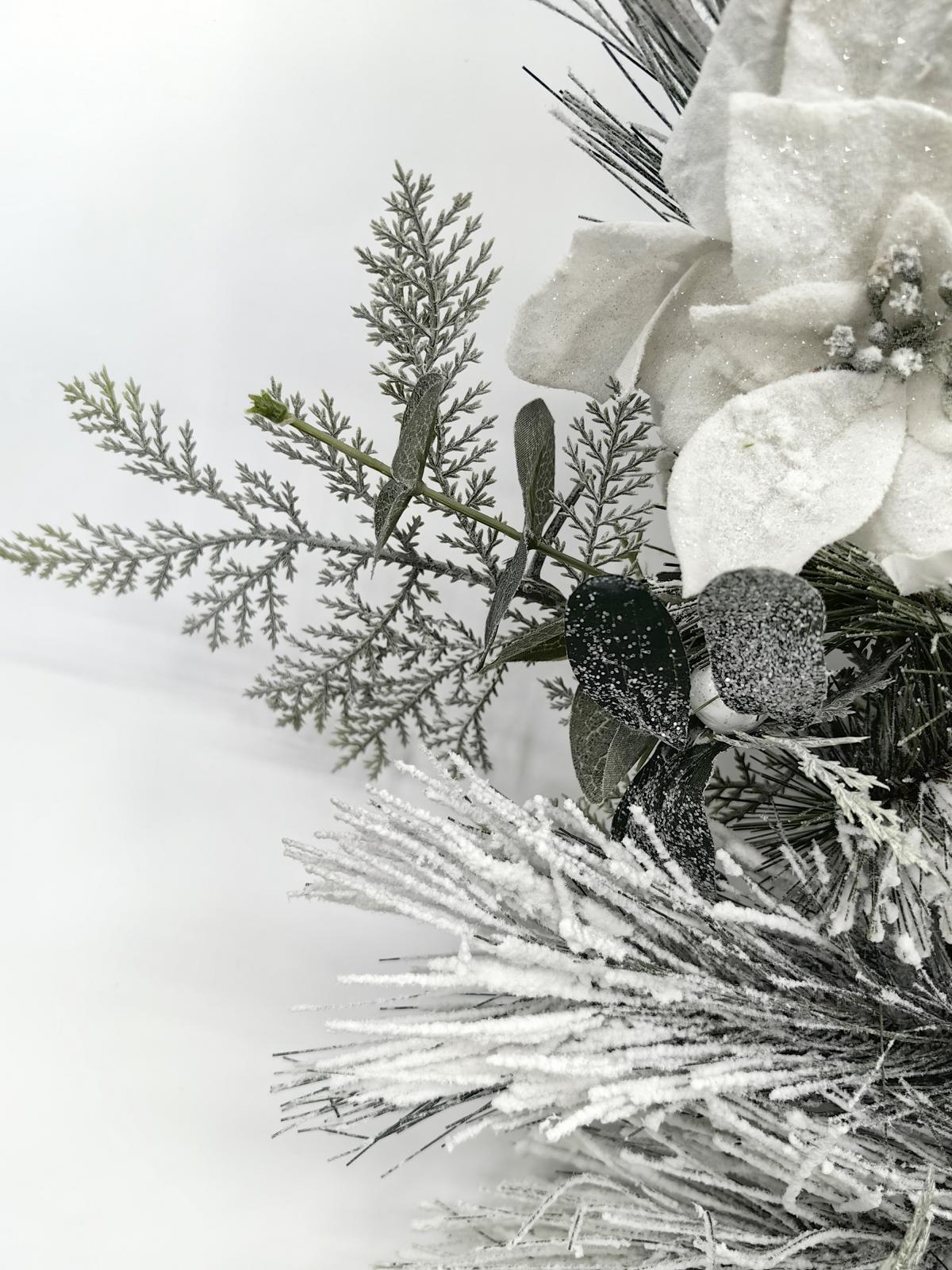 24" long snow needle pine wreath with poisettia flowers 24" long snow needle pine wreath with poisettia flowers