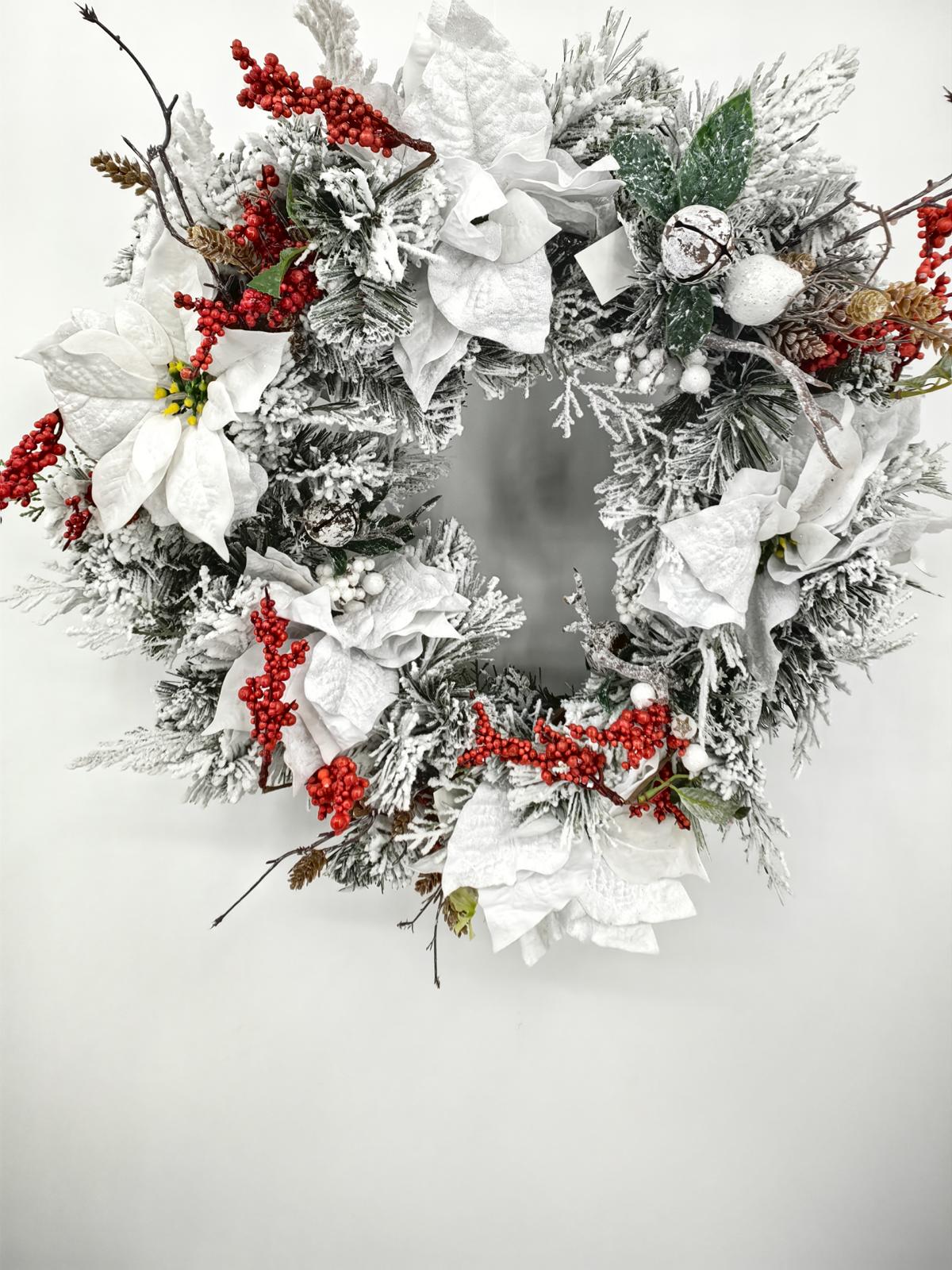 24" snowy wreath with poinsettia & red berries 24" snowy wreath with poinsettia & red berries