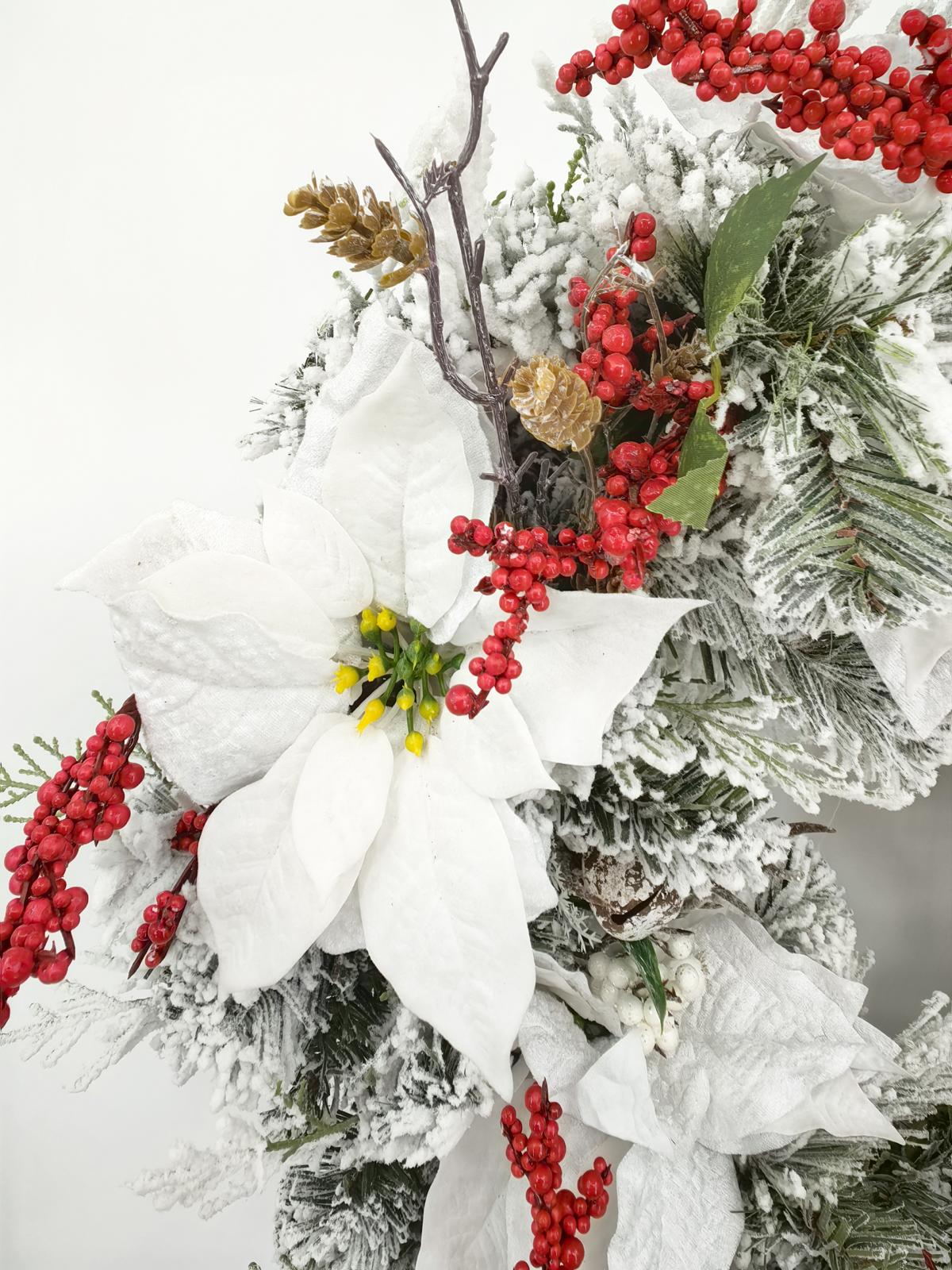 24" snowy wreath with poinsettia & red berries 24" snowy wreath with poinsettia & red berries