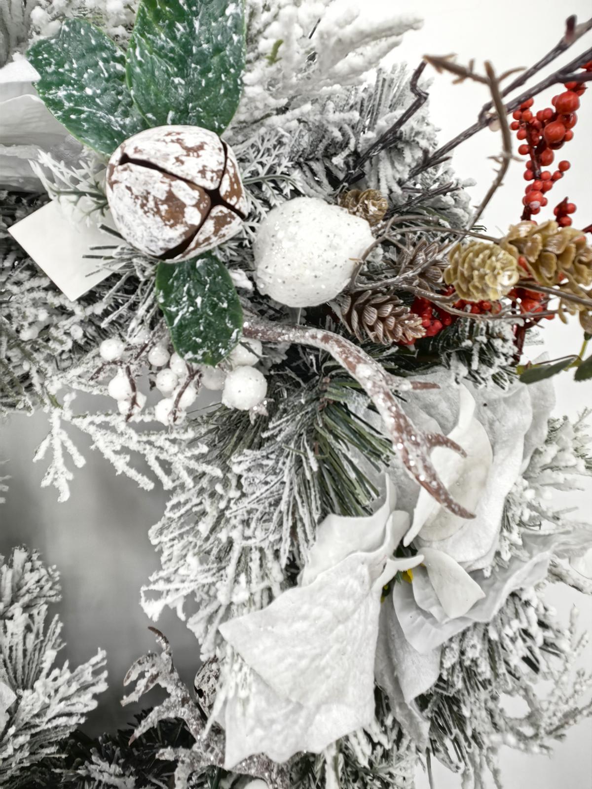24" snowy wreath with poinsettia & red berries 24" snowy wreath with poinsettia & red berries