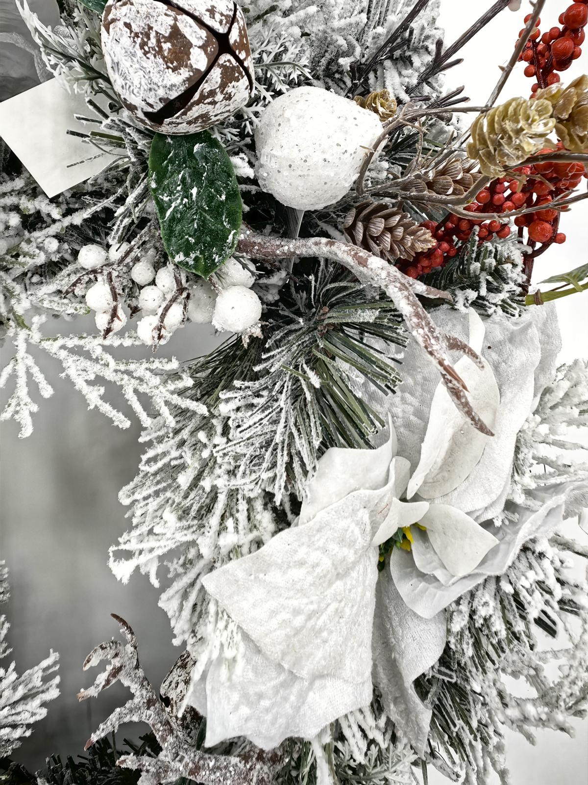 24" snowy wreath with poinsettia & red berries 24" snowy wreath with poinsettia & red berries