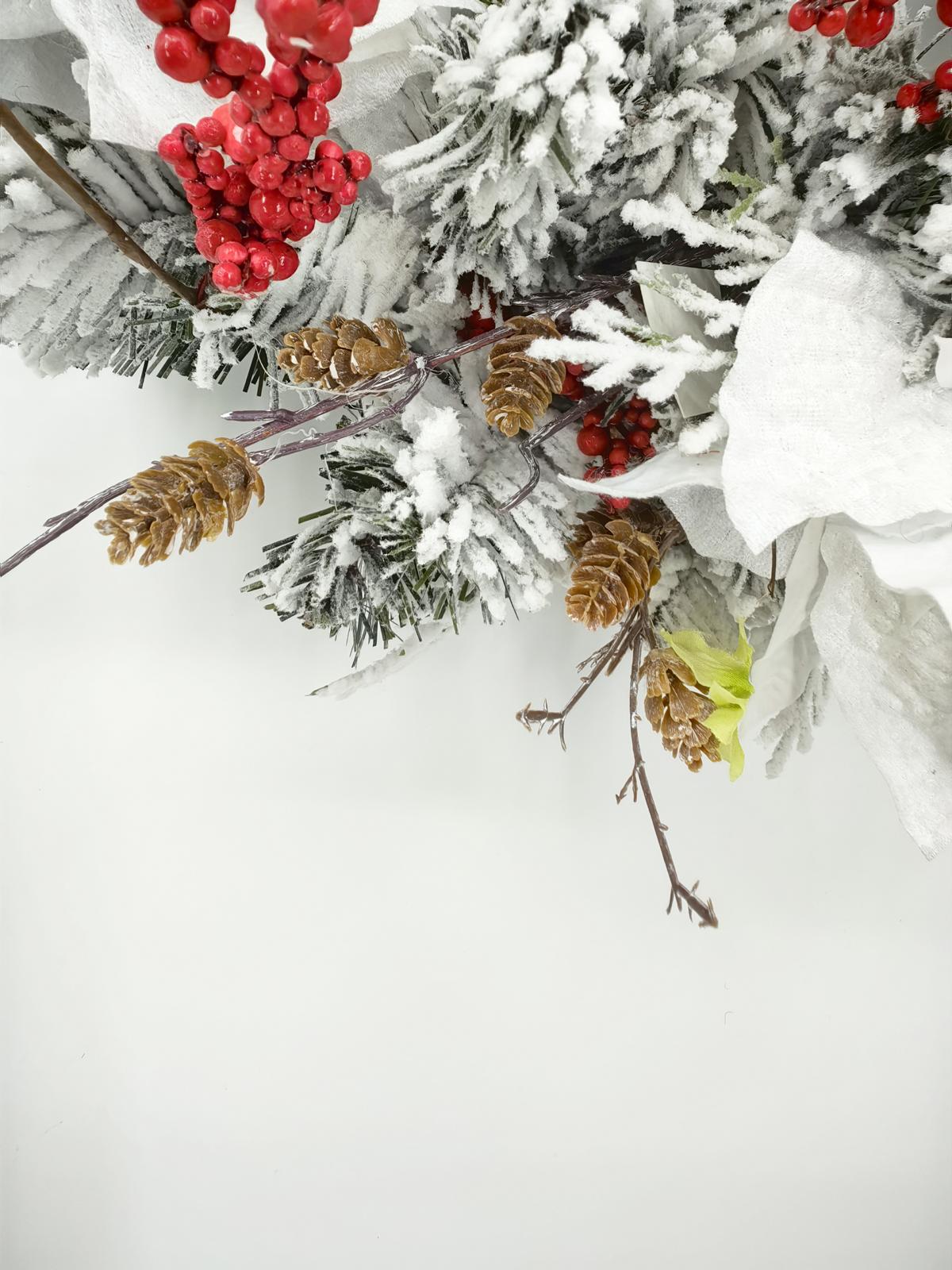 24" snowy wreath with poinsettia & red berries 24" snowy wreath with poinsettia & red berries