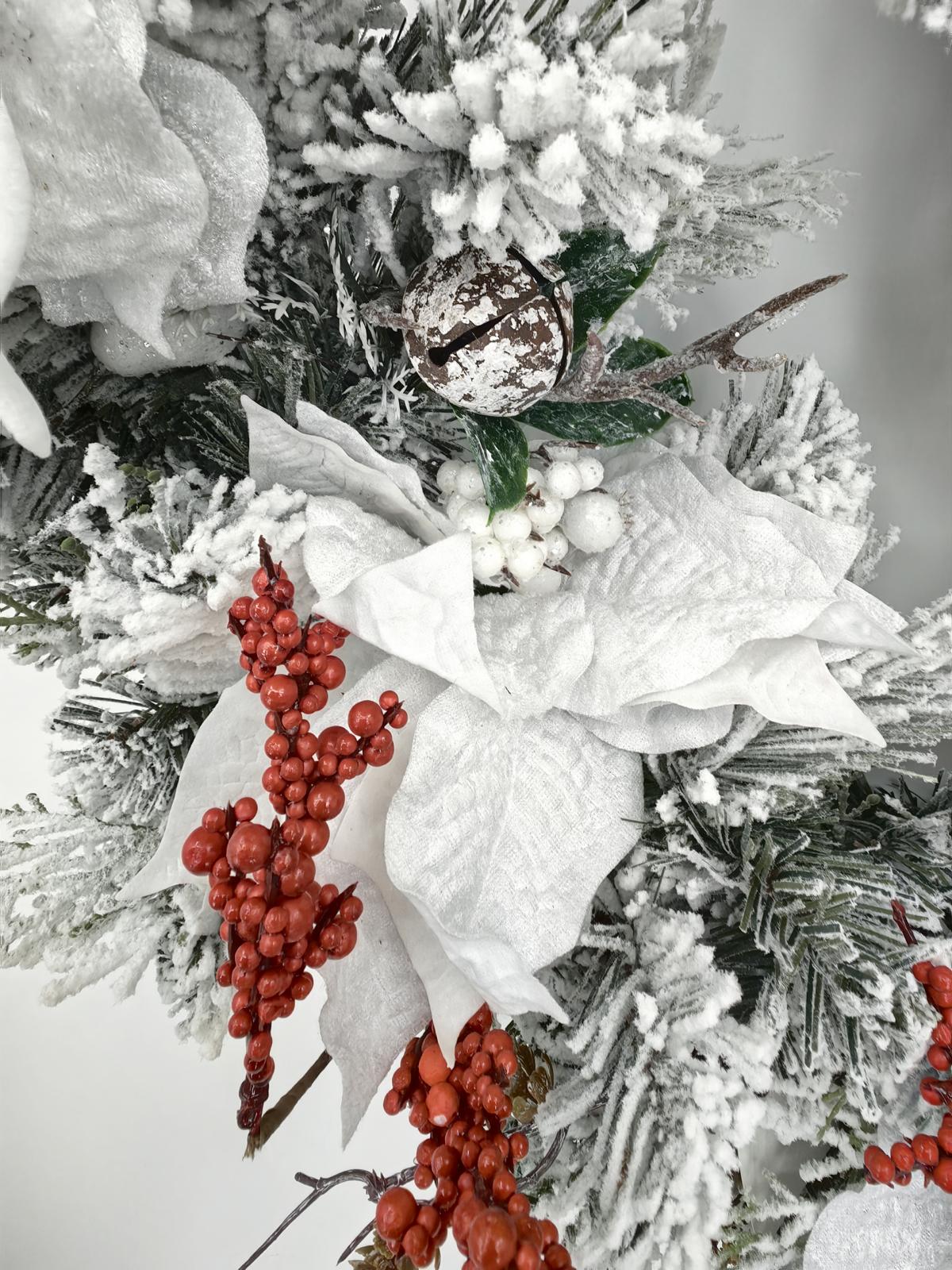 24" snowy wreath with poinsettia & red berries 24" snowy wreath with poinsettia & red berries